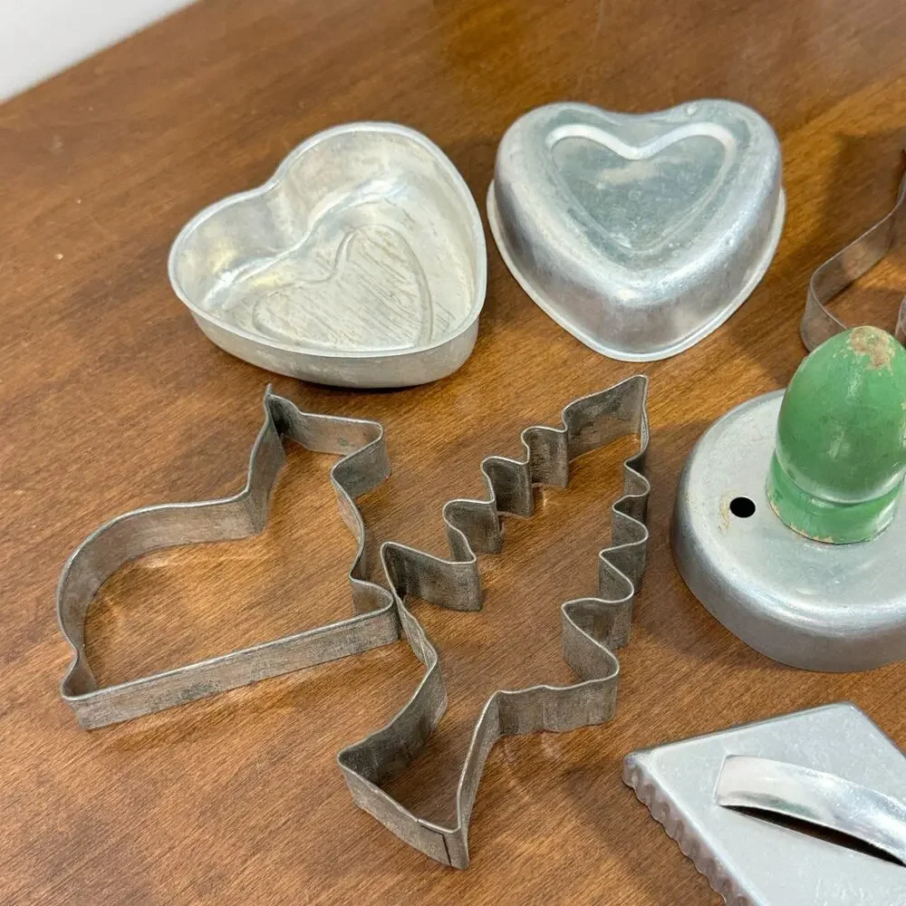 Vintage Lot of Aluminum Cookie Cutters, Mini Cake Pans Heart Donut Star Tree